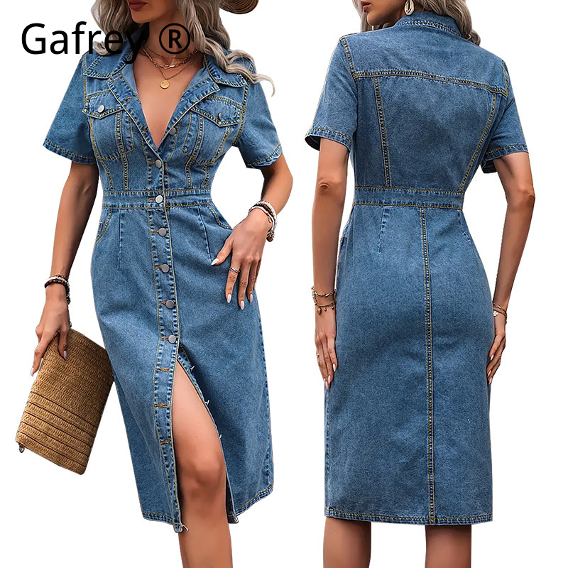 Street Fashion Denim - Plus Size Women Lapel Denim Dress