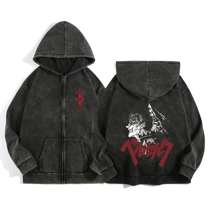 Anime Berserk Wash Zip Up Hood – обзор и цена Graphic Hoodie Streetwear